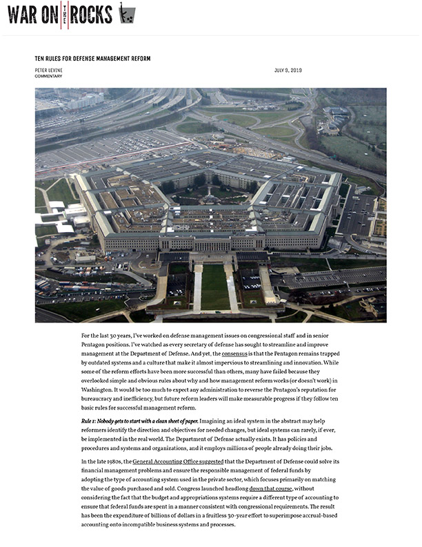 article cover page, Ten Rules for Successful Defense Management Reform